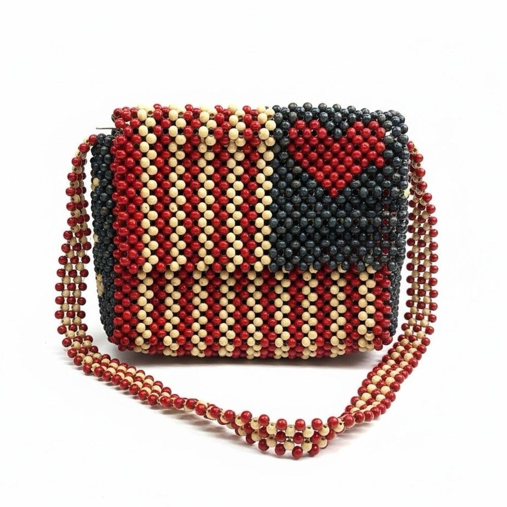 Vintage 60s 70s Playboy Club Wooden Beaded Purse Americana Bunny Shoulder Bag